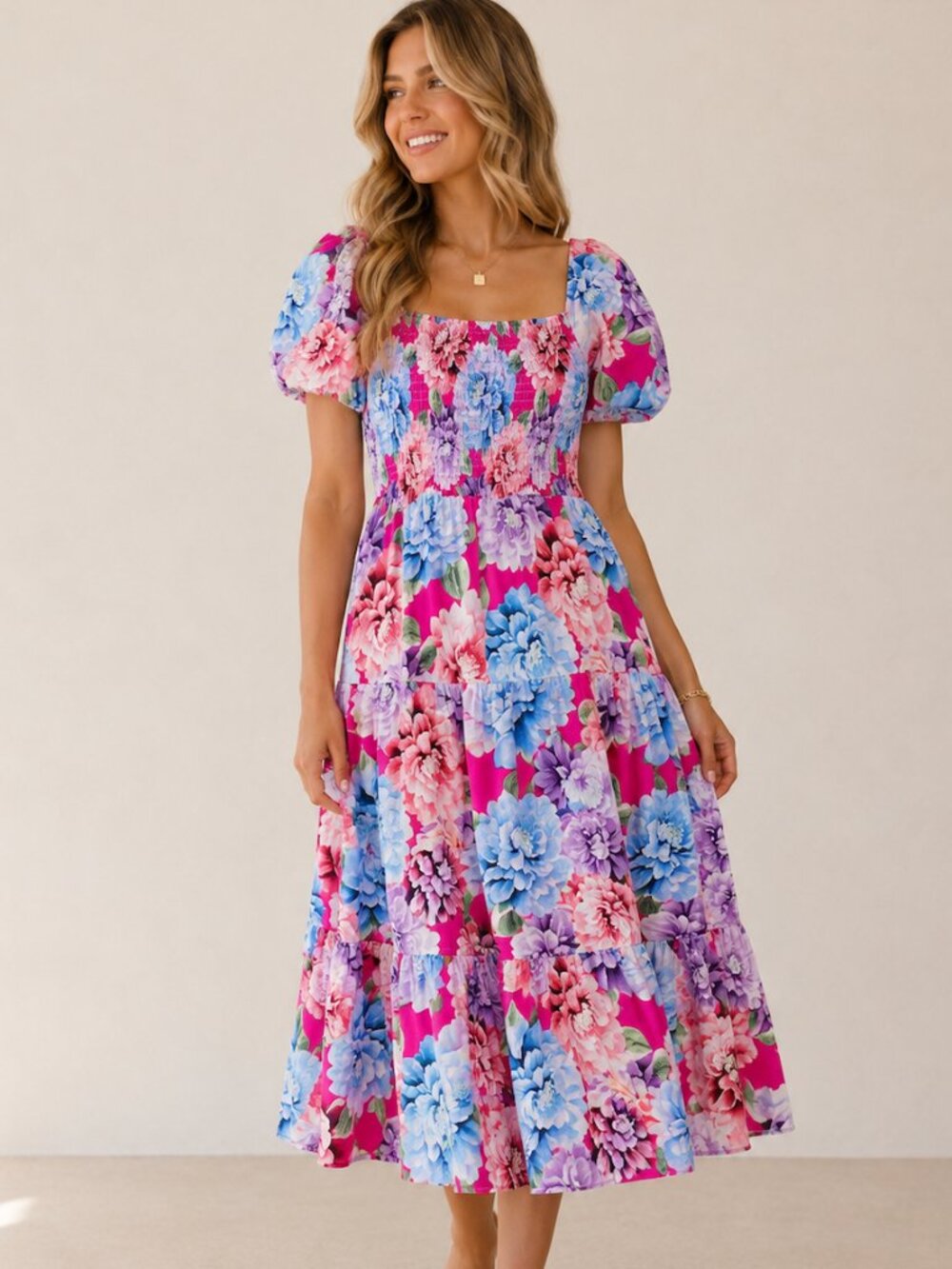 Listicle Floral Smocked Puff Sleeve Tiered Midi Dress Cottagecore Large